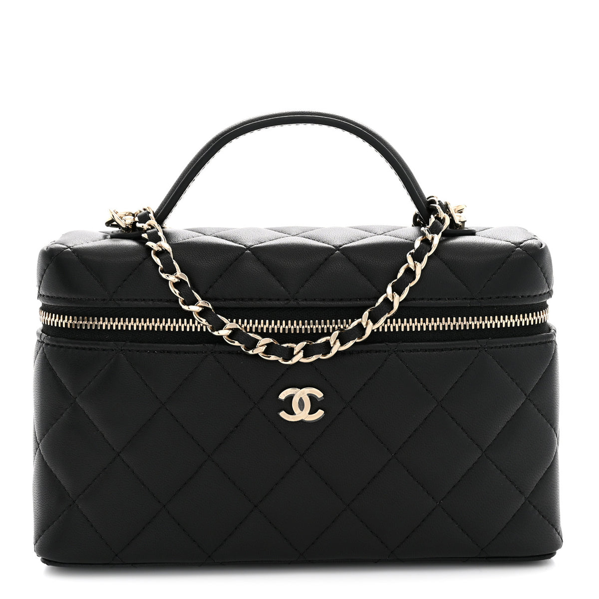 Lambskin Quilted Top Handle Slim Vanity With Chain Black