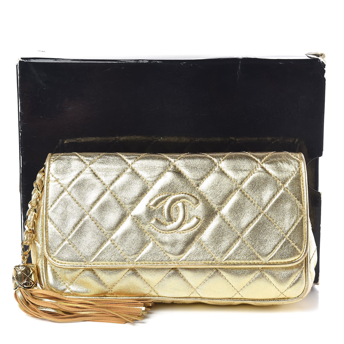 Lambskin Quilted Tassel Clutch Gold