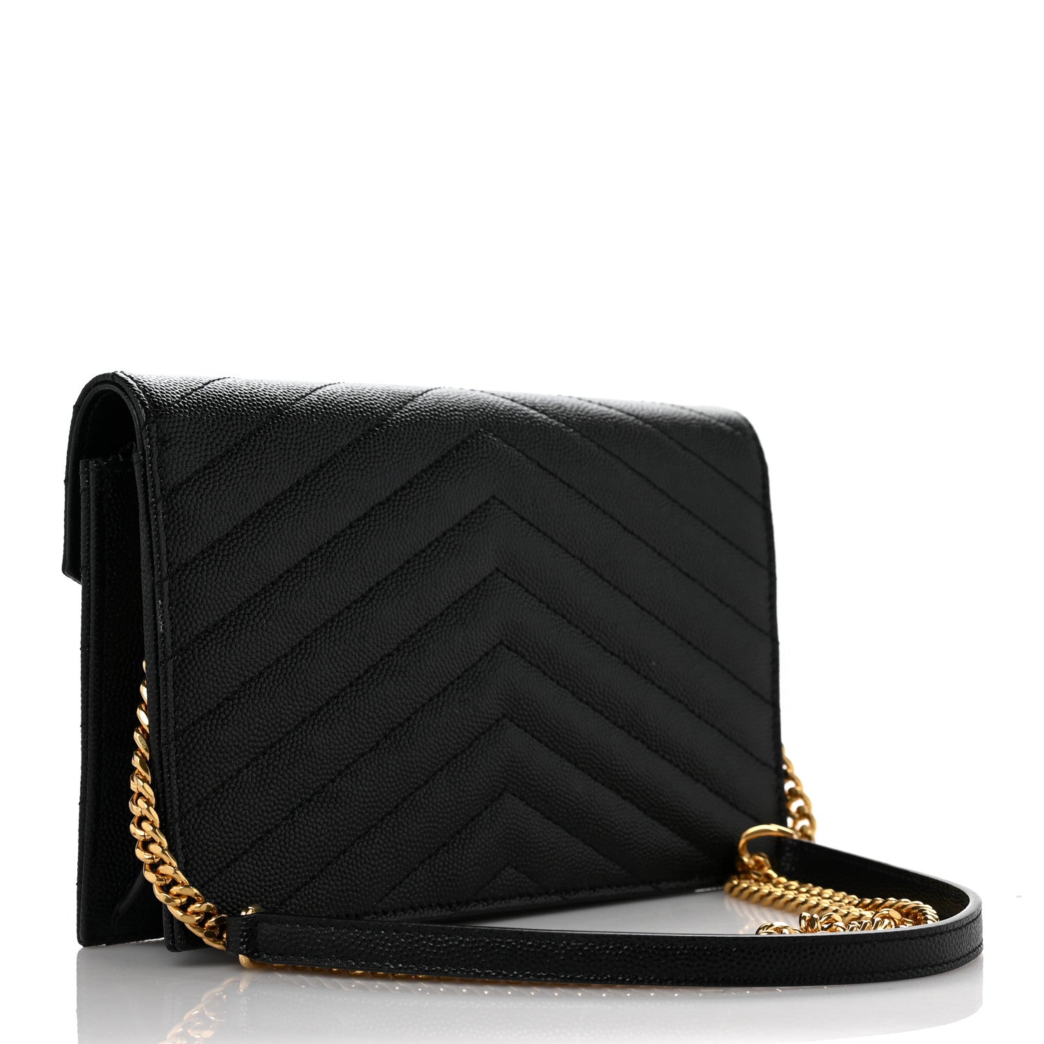 Saint Laurent Grain De Poudre Matelasse Chevron Monogram Envelope Chain Wallet Black 3 of 9