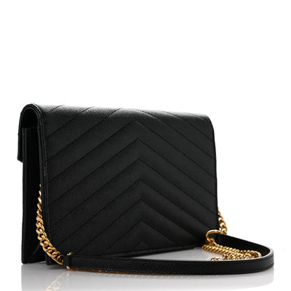 Saint Laurent Grain De Poudre Matelasse Chevron Monogram Envelope Chain Wallet Black 3 of 9