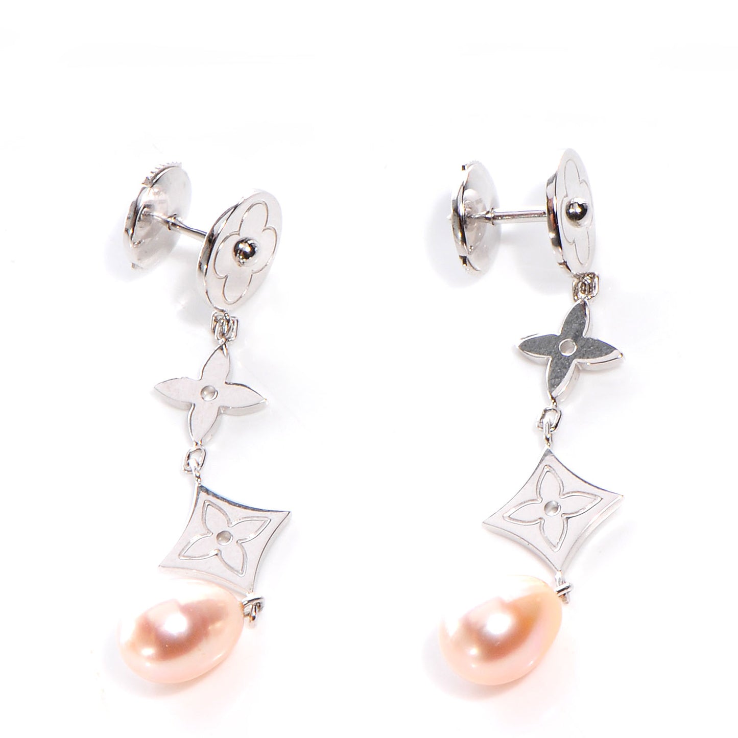 18k White Gold Monogram Pearl Dangle Earrings