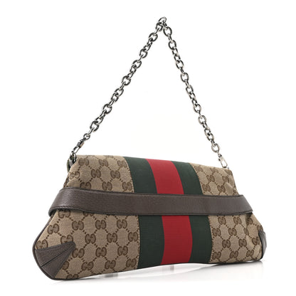 Gucci Monogram Textured Dollar Calfskin Heavy Grosgrain Web Medium Maxi Horsebit Chain Shoulder Bag Beige Ebony New Acero 3 of 11
