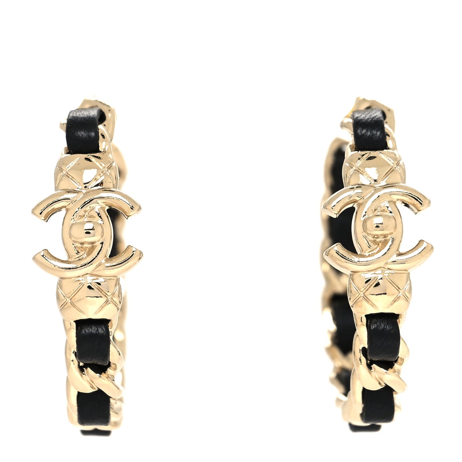 Chanel Metal Lambskin Quilted CC Turnlock Chain Hoop Earrings Gold Black 1 of 4