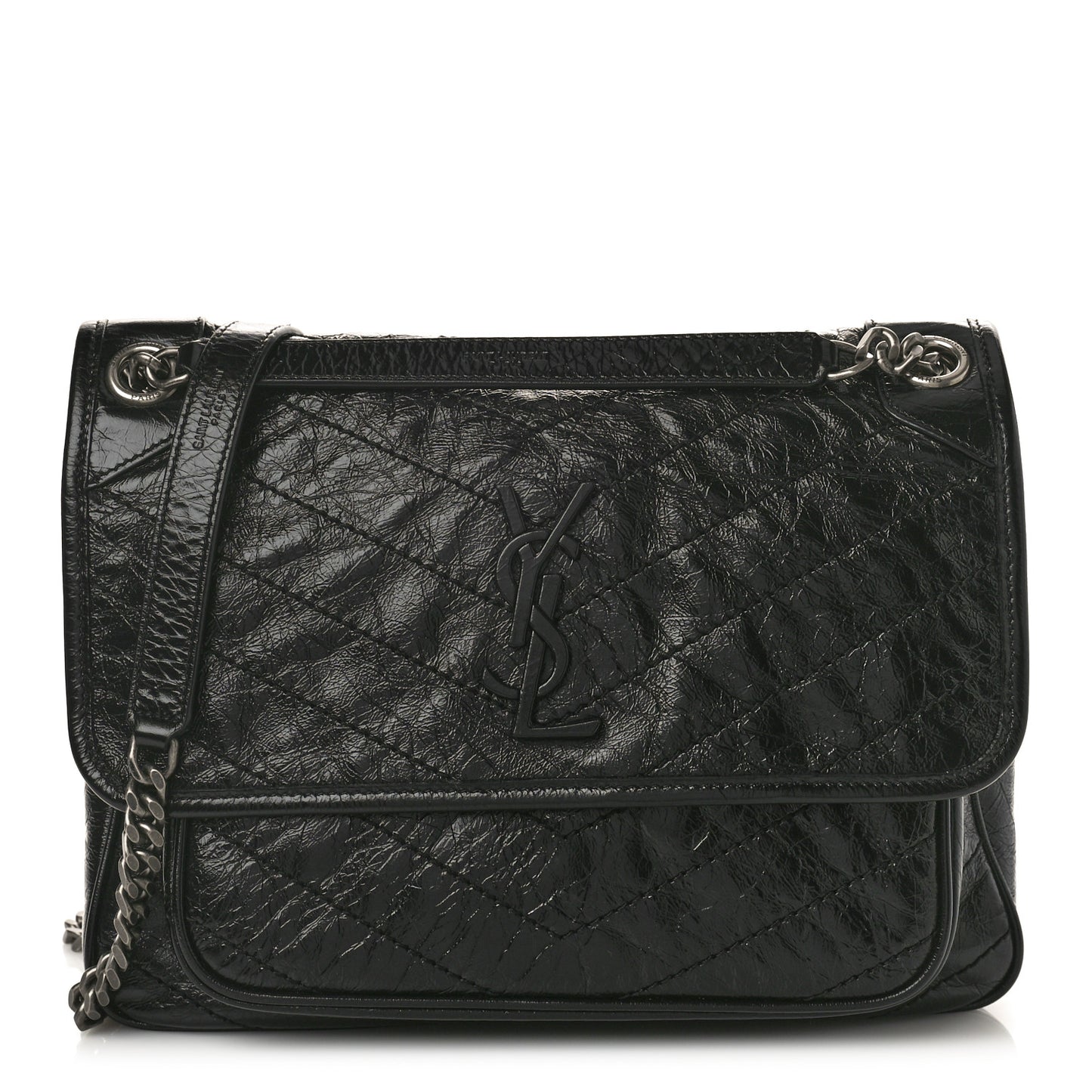 Crinkled Calfskin Matelasse Monogram Medium Niki Chain Satchel Black