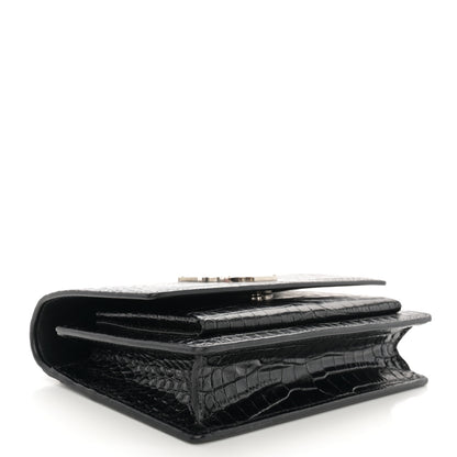 Saint Laurent Calfskin Crocodile Embossed Monogram Sunset Chain Wallet Black 4 of 11