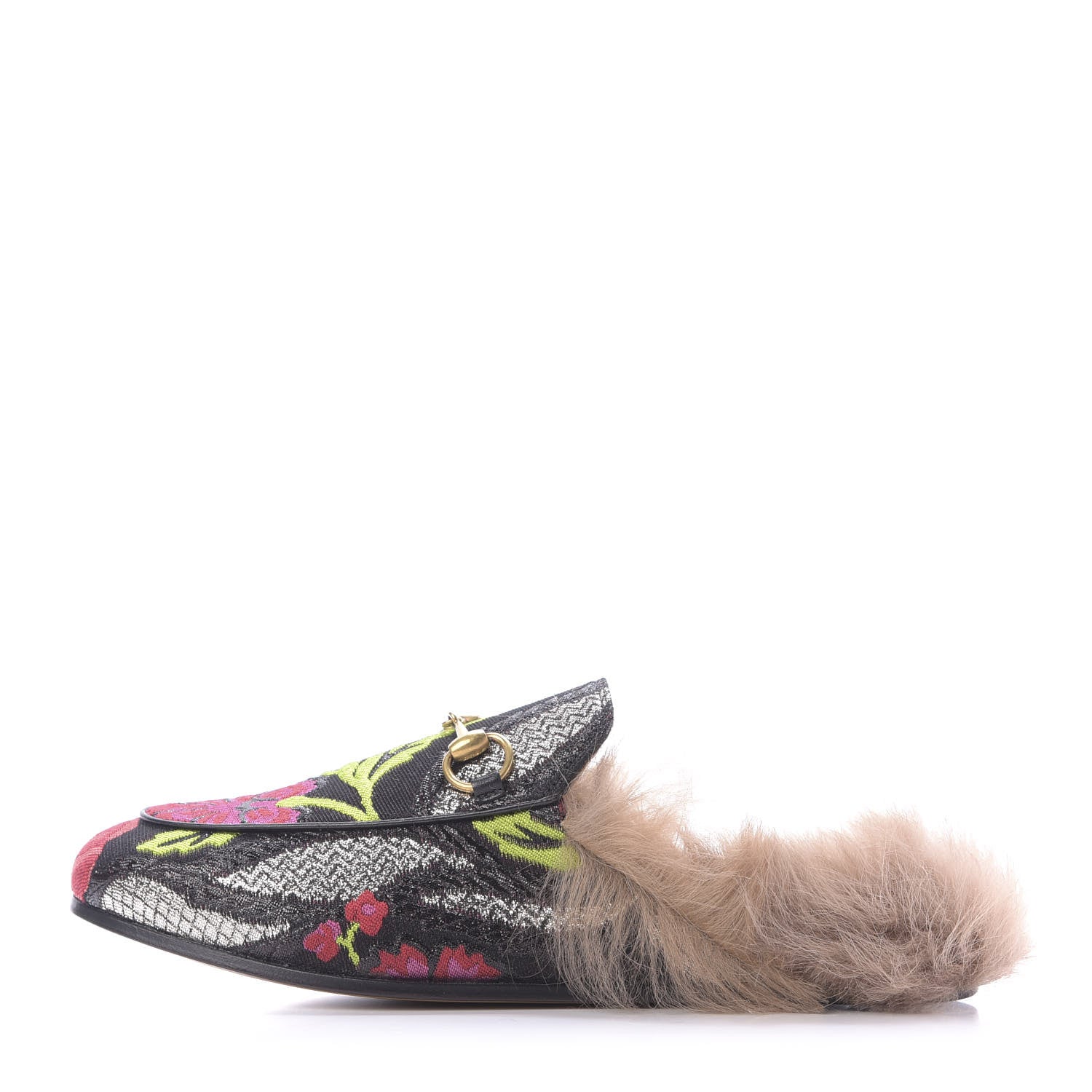Gucci Brocade Fur Floral Womens Princetown Slippers 36 Black Anthracite 1 of 10