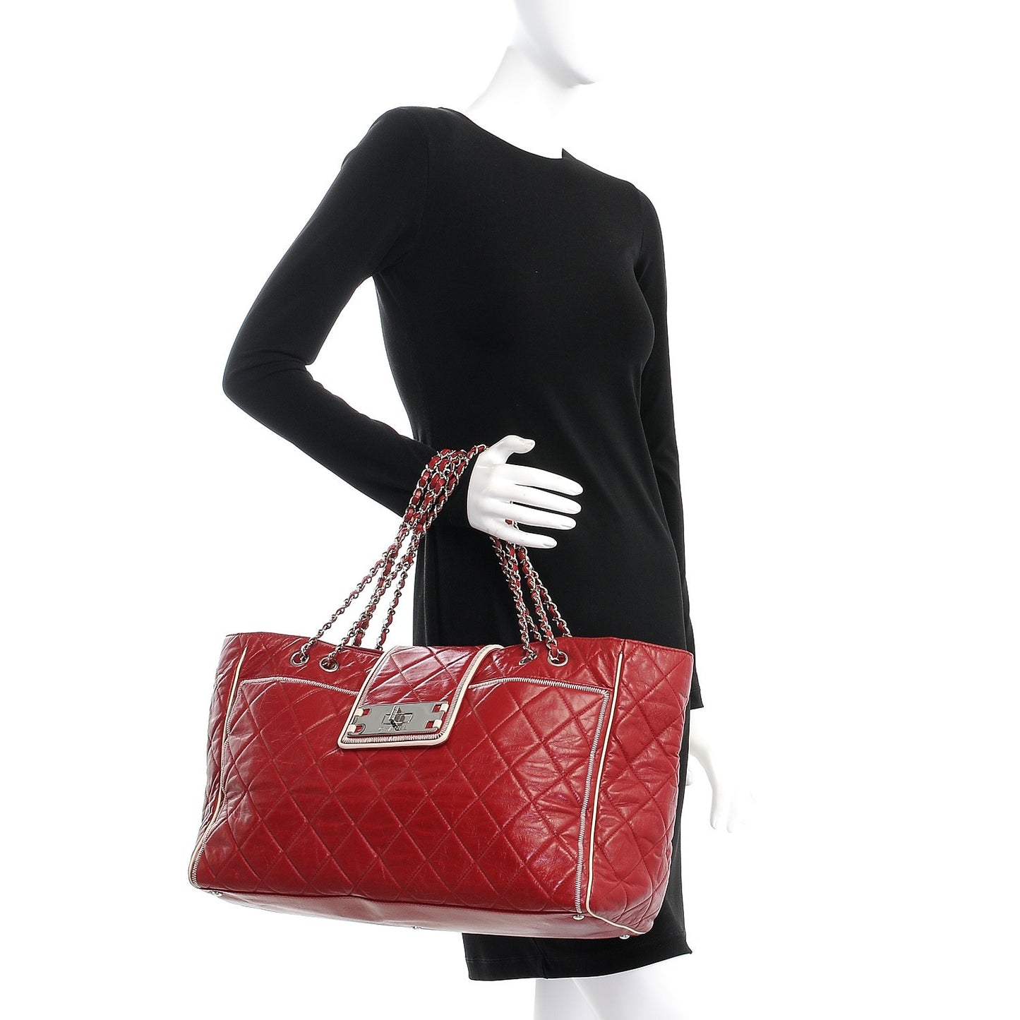 Lambskin Quilted East West Large Tote Red