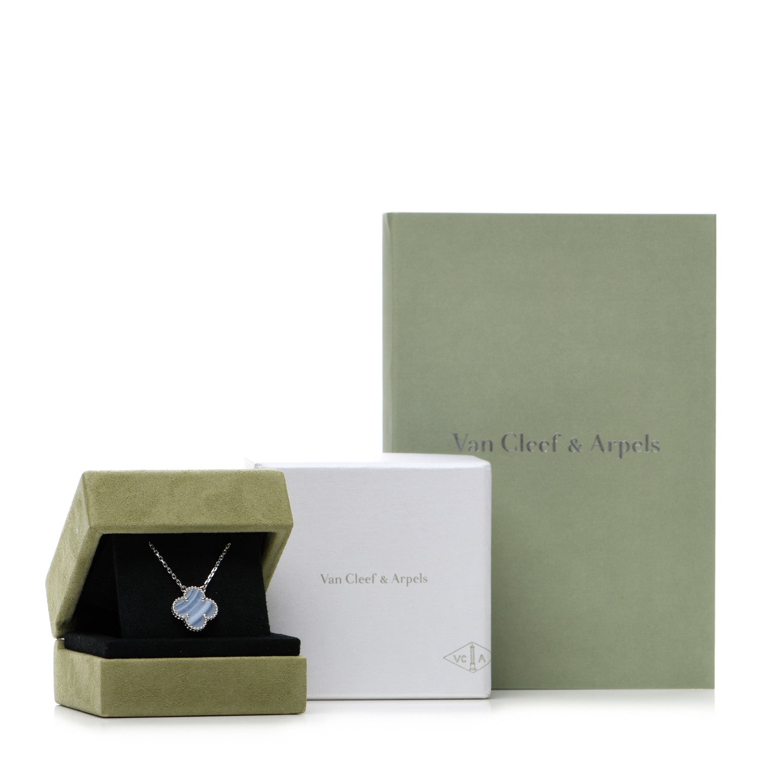Van Cleef & Arpels 18K White Gold Chalcedony Vintage Alhambra Pendant Necklace 6 of 6