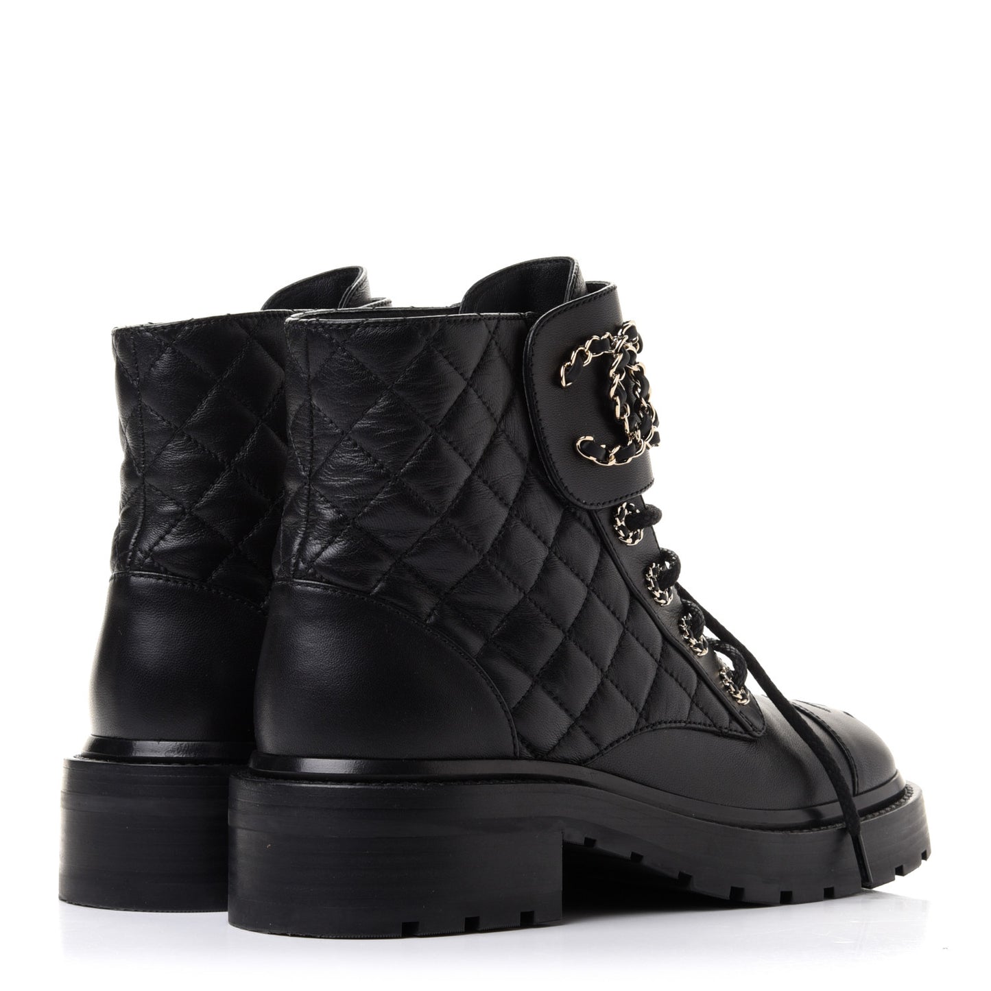 Shiny Lambskin Quilted Lace Up Combat Boots 36 Black