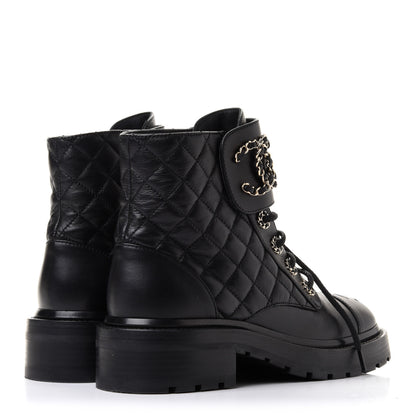 Chanel Shiny Lambskin Quilted Lace Up Combat Boots 36 Black 4 of 10