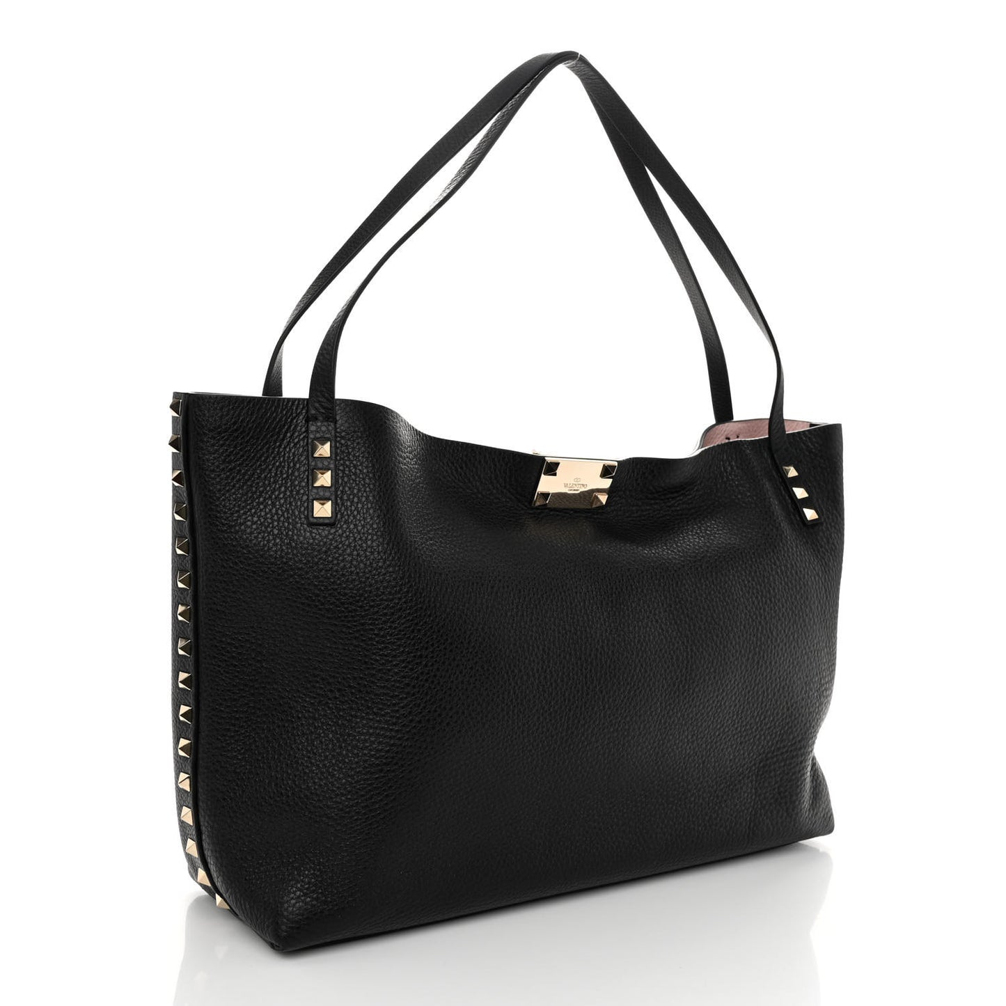 Grainy Calfskin Medium Rockstud Tote Black Rose Quartz