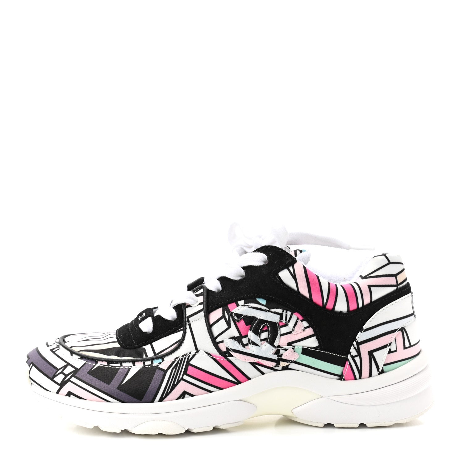 Chanel Suede Calfskin Nylon Geometric Print CC Sneakers 39 White Multicolor 1 of 10