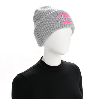 Chanel Wool Cashmere CC Beanie Hat Light Grey Fuchsia 3 of 10