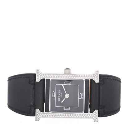 Hermes Stainless Steel Barenia Diamond 21mm Heure H Hour Double Jeu Quartz Watch Noir 2 of 5