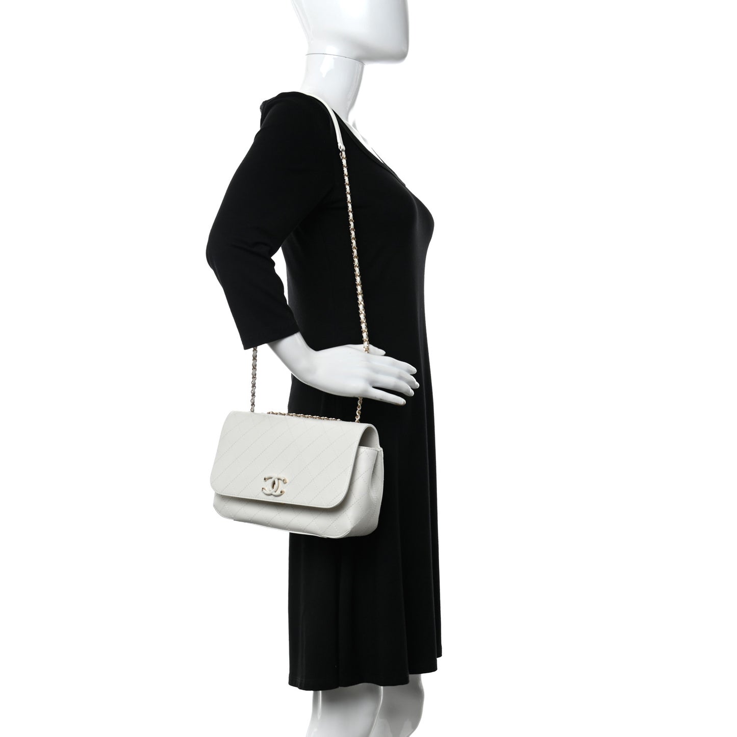 Calfskin Stitched Medium Covered CC Flap Bag White