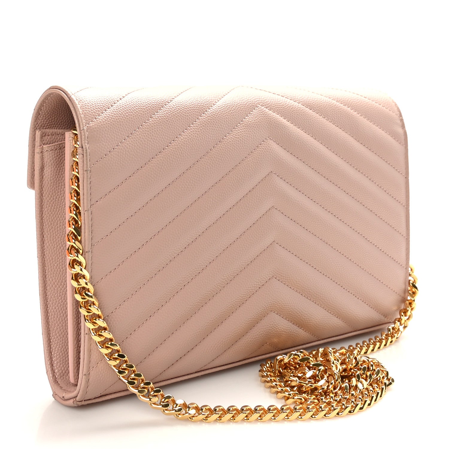 Saint Laurent Grain De Poudre Matelasse Chevron Monogram Chain Wallet Pale Pink 3 of 10