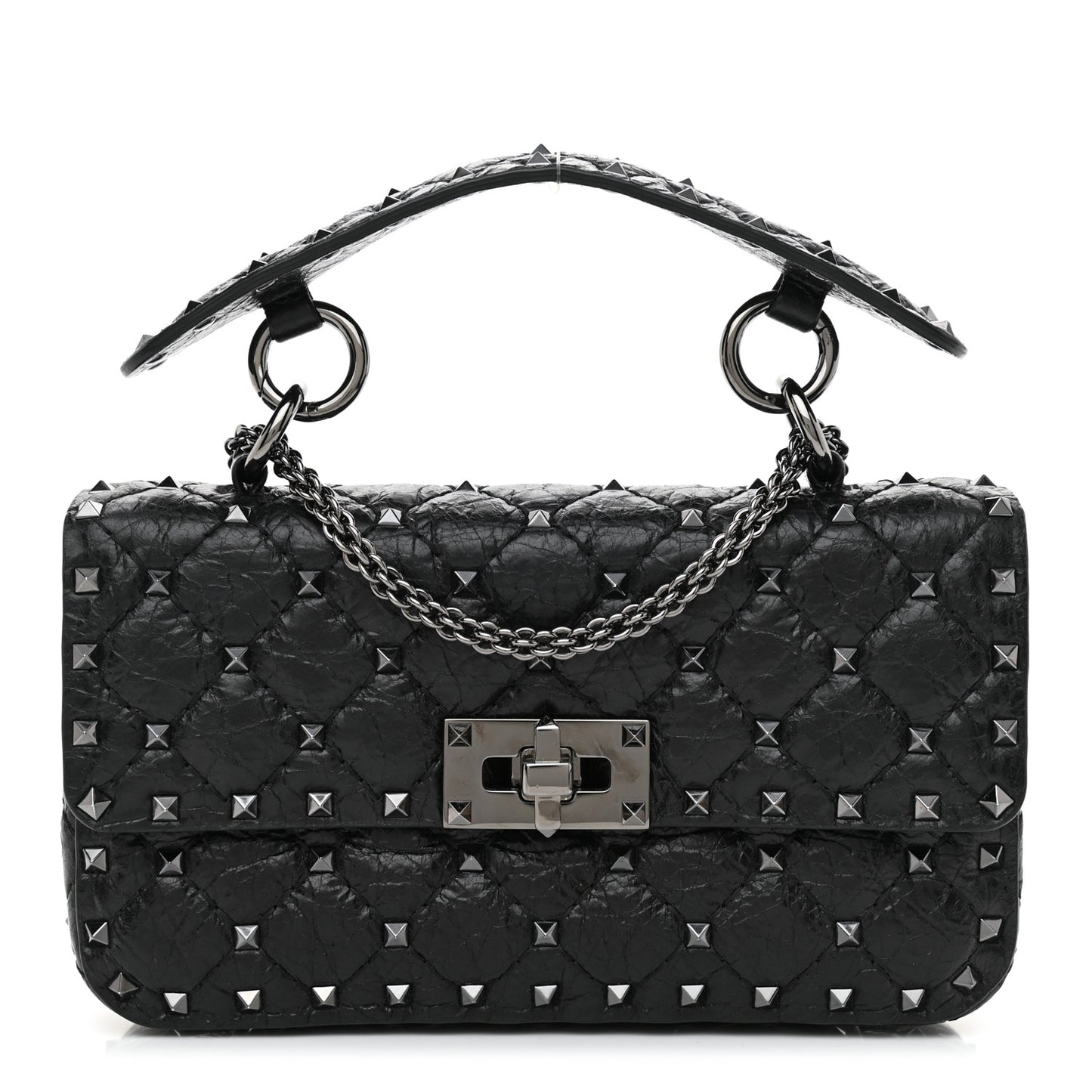 Craquele Nappa Small Rockstud Spike Shoulder Bag Black