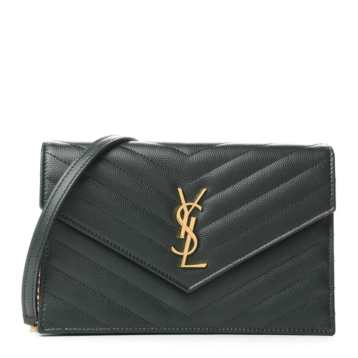 Grain De Poudre Matelasse Chevron Monogram Envelope Chain Wallet Dark Green