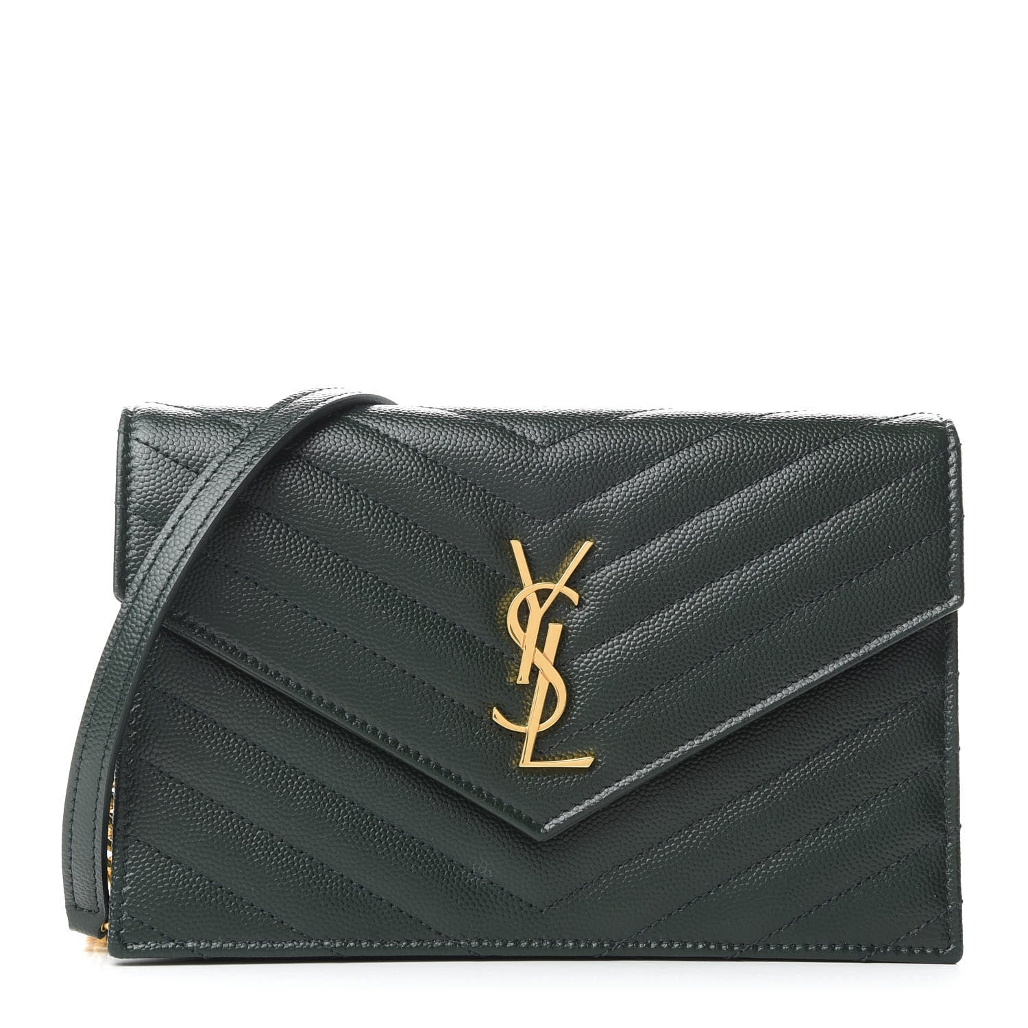 Saint Laurent Grain De Poudre Matelasse Chevron Monogram Envelope Chain Wallet Dark Green 1 of 9