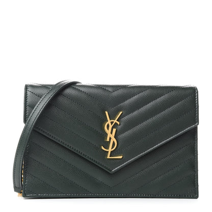 Saint Laurent Grain De Poudre Matelasse Chevron Monogram Envelope Chain Wallet Dark Green 1 of 9
