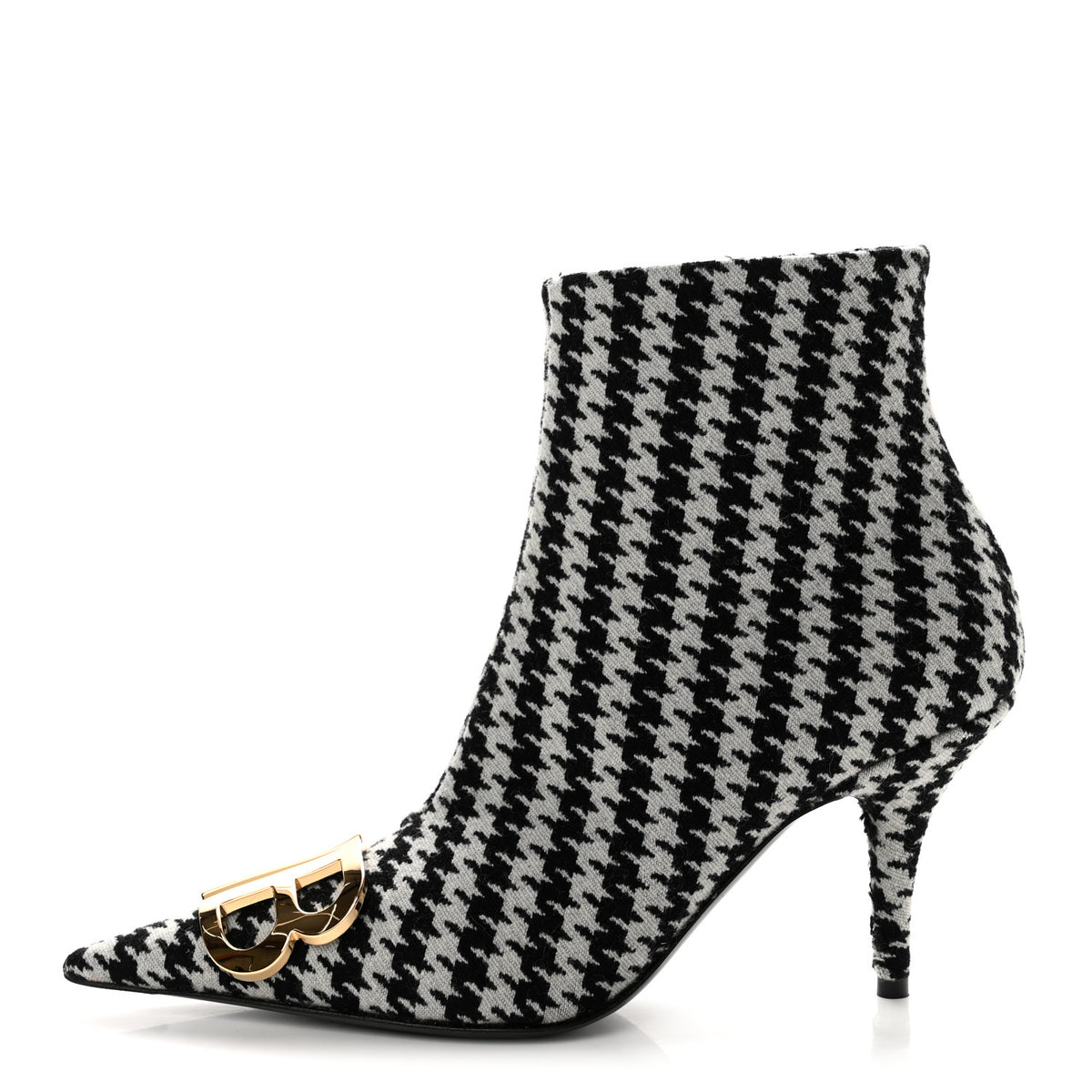 Wool Houndstooth BB Pointy Toe Ankle Booties 38 Black Ivory