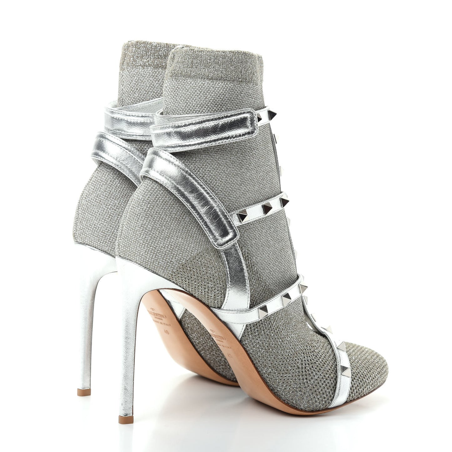 Metallic Nappa Knit Rockstud Bodytech Sock Booties 40 Silver