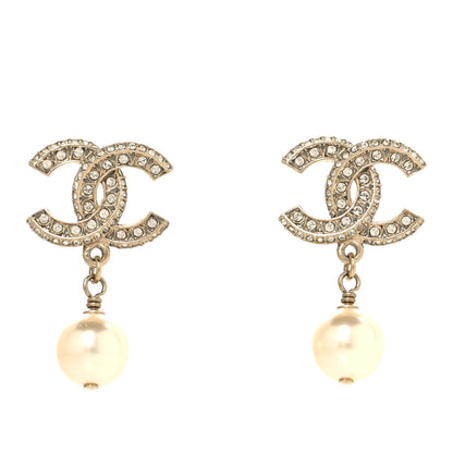 Chanel Crystal Timeless CC Pearl Drop Earrings Light Gold 1 of 5