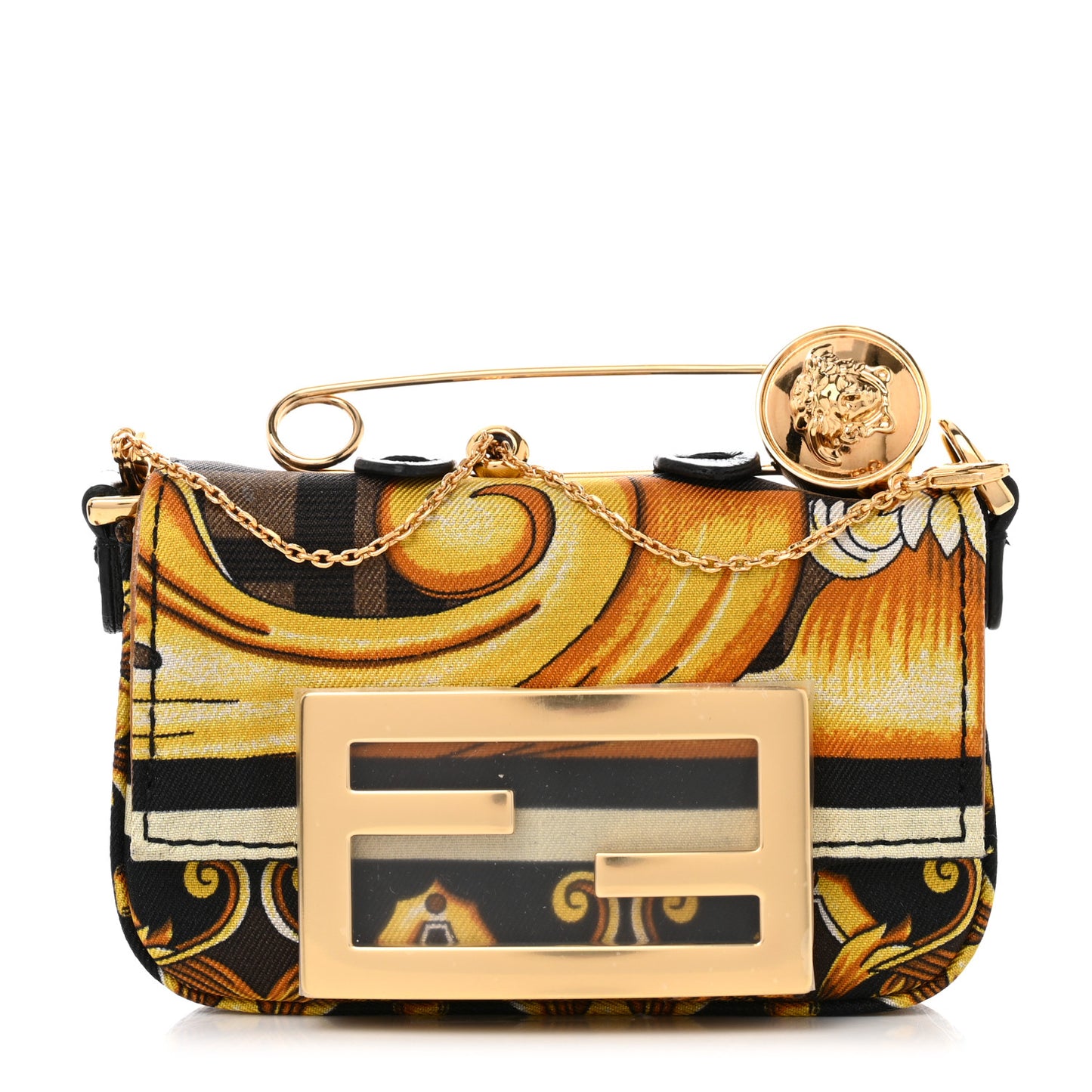 X VERSACE Silk Fendace FF Baroque Nano Brooch Baguette Black Gold