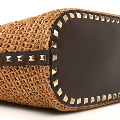 Valentino Garavani Synthetic Raffia Calfskin Rockstud Garden Tote Bag Tobacco Cacao 9 of 10
