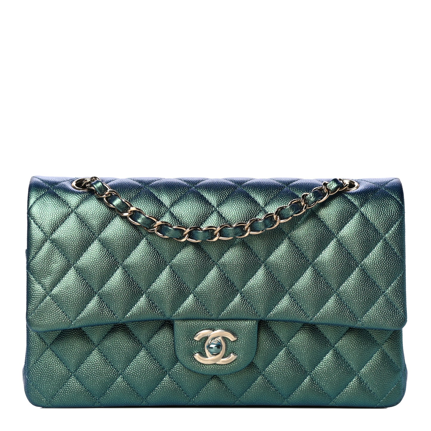 Iridescent Caviar Quilted Medium Double Flap Green