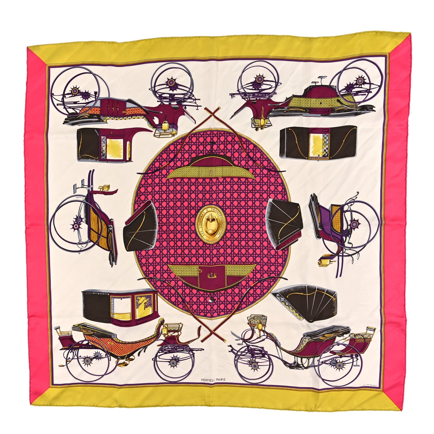 Silk Les Voitures A Transformation Scarf 90 Rose Vif White Chartreuse