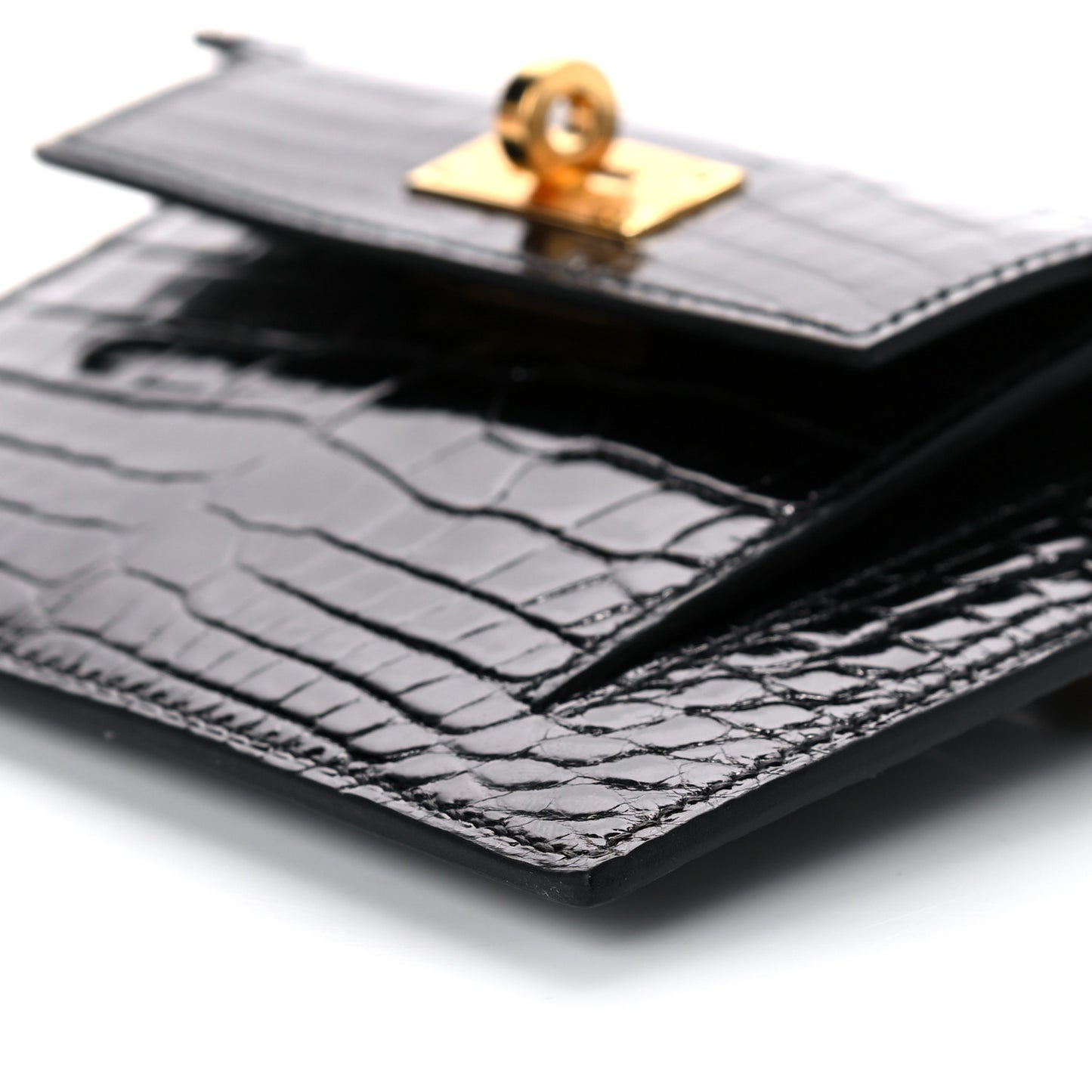 Shiny Alligator Kelly Pocket Compact Wallet Black