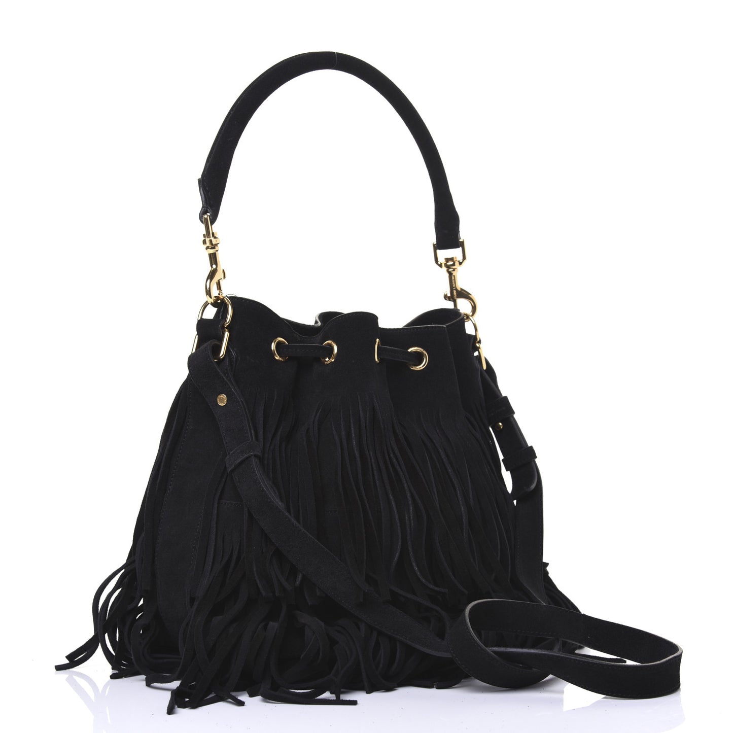 Suede Calfskin Medium Emmanuelle Fringe Bucket Bag Black