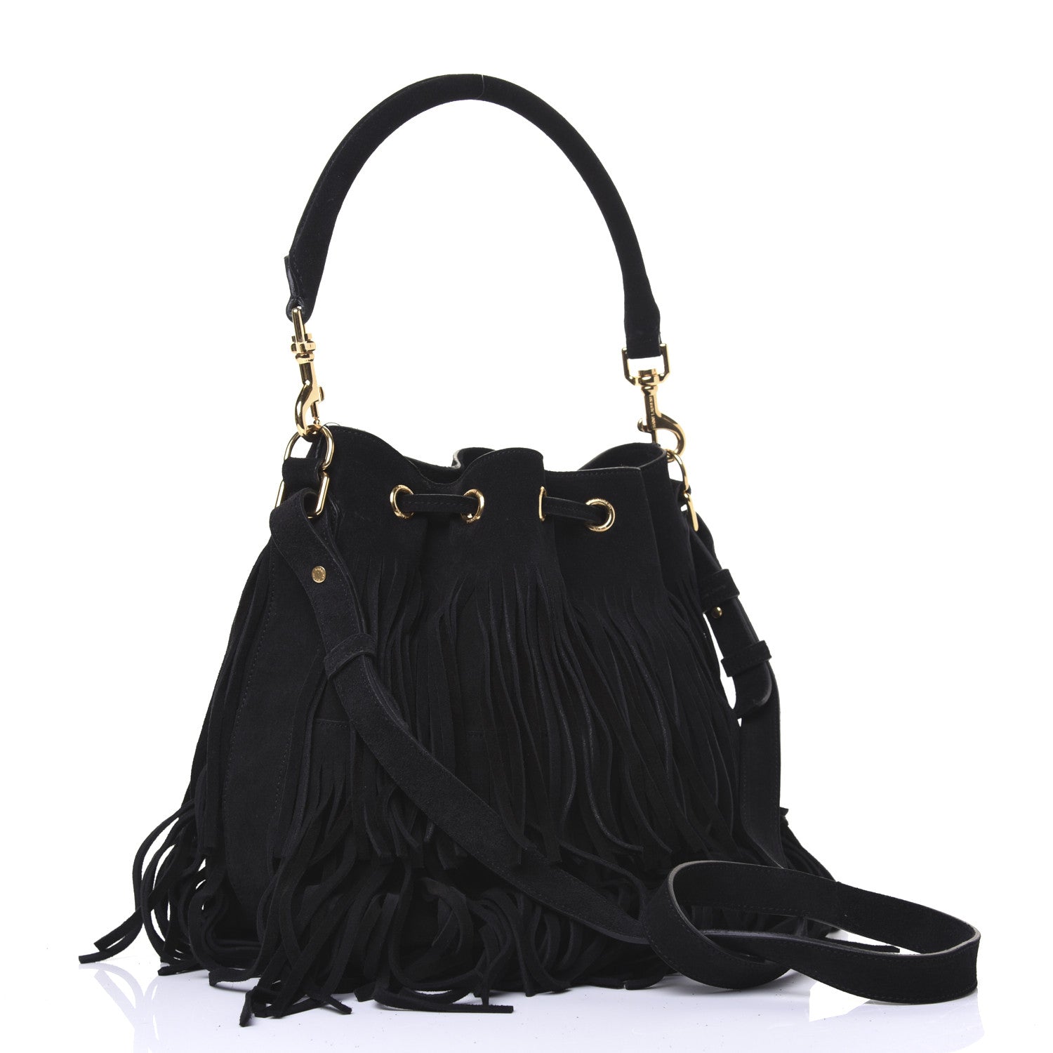 Saint Laurent Suede Calfskin Medium Emmanuelle Fringe Bucket Bag Black 4 of 14