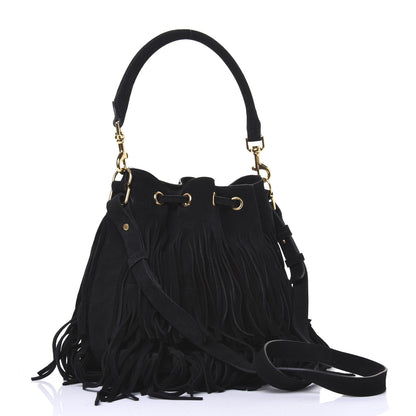Saint Laurent Suede Calfskin Medium Emmanuelle Fringe Bucket Bag Black 4 of 14
