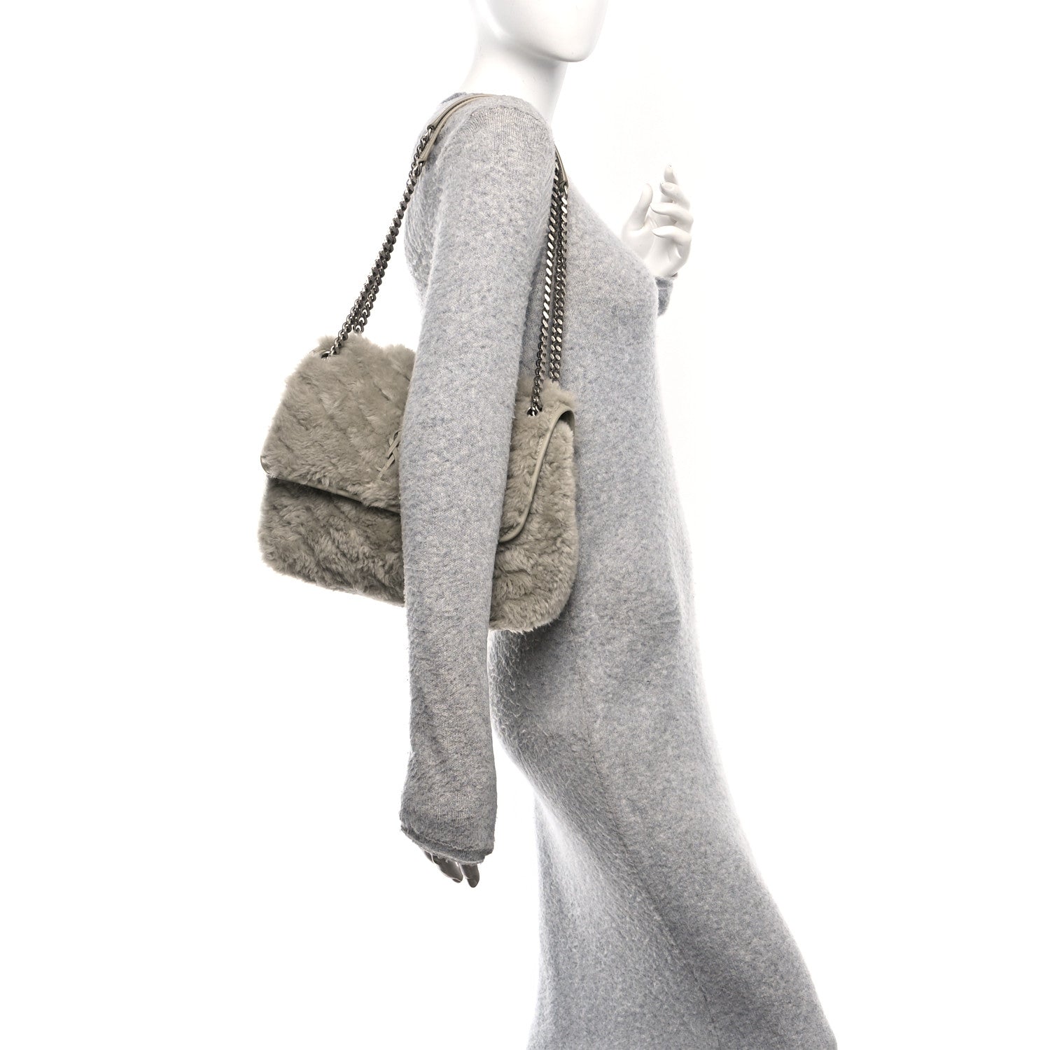 Saint Laurent Calfskin Shearling Monogram Medium Niki Chain Satchel Grey 2 of 11