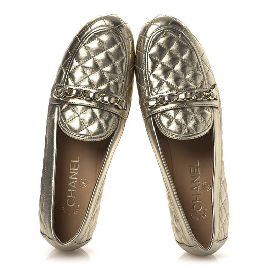 Metallic Lambskin Quilted Womens Chain CC Loafers 39.5 Gold