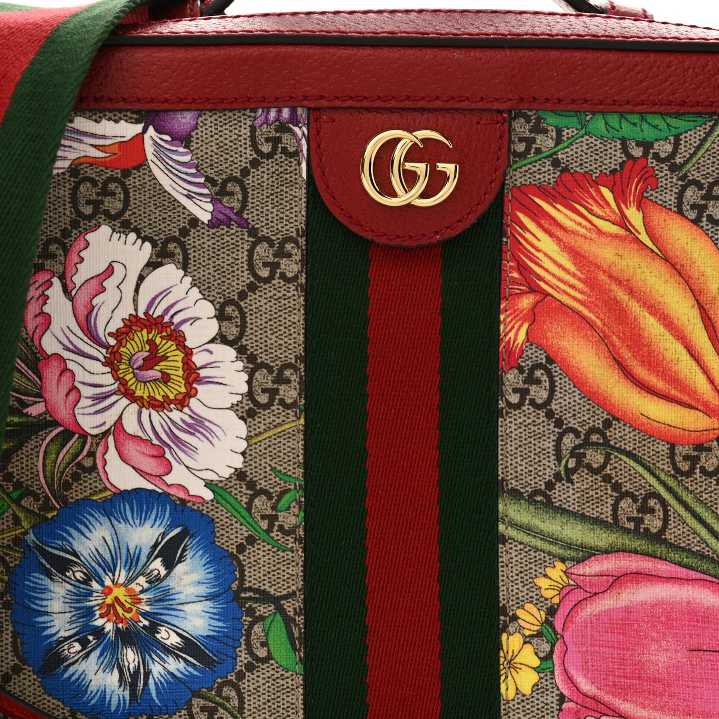 GG Supreme Monogram Flora Web Small Ophidia Top Handle Shoulder Bag Hibiscus Red
