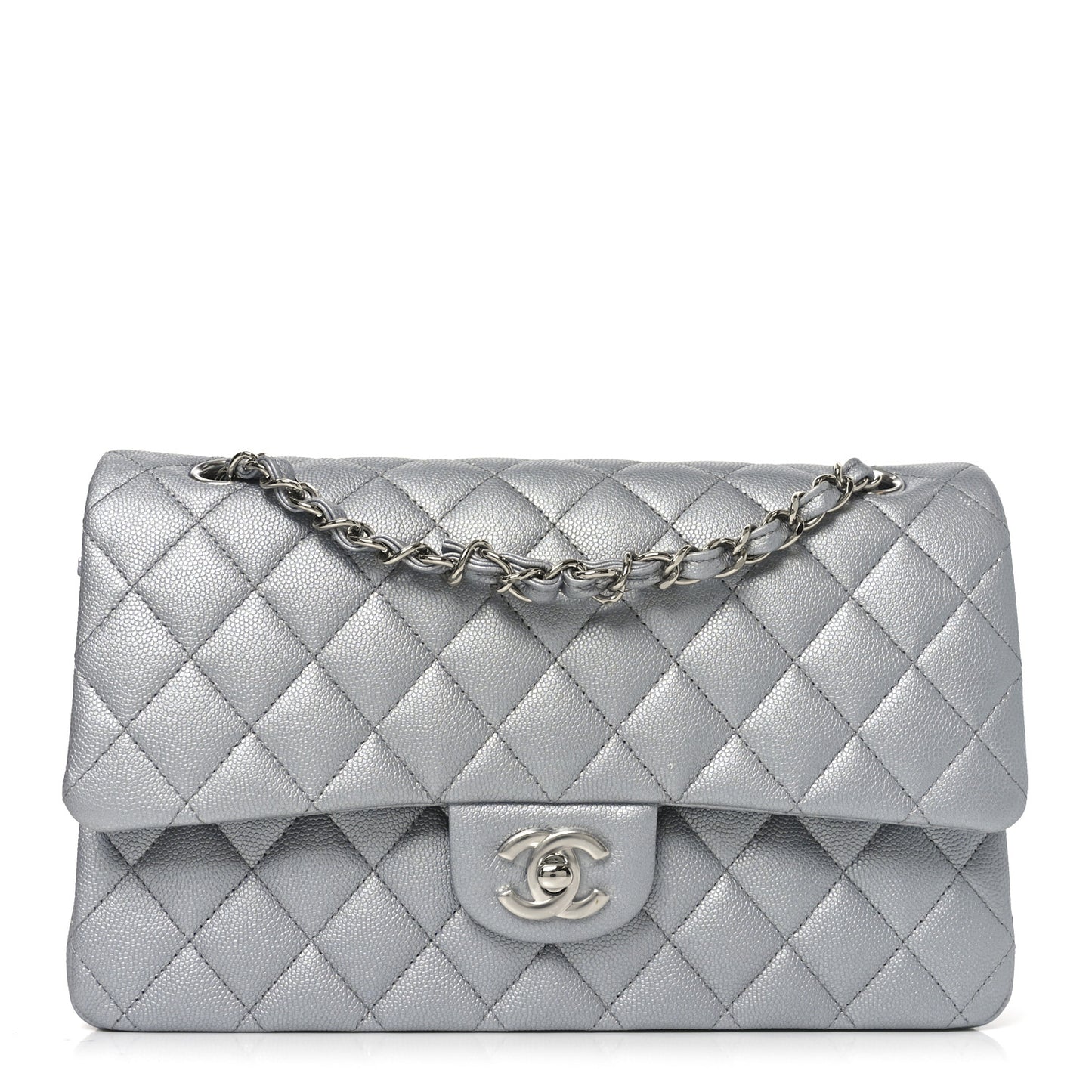 Metallic Caviar Quilted Medium Double Flap Silvery