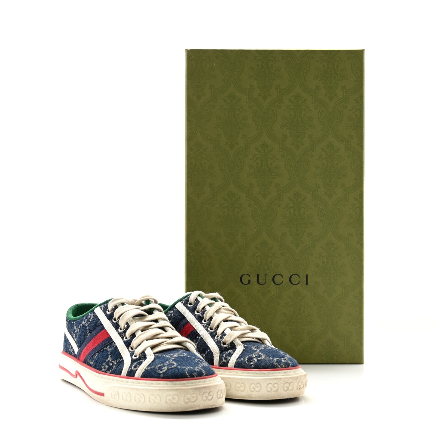 New Denim GG Monogram Web Womens 1977 Tennis Sneakers 37.5 Blue Tea Mystic White