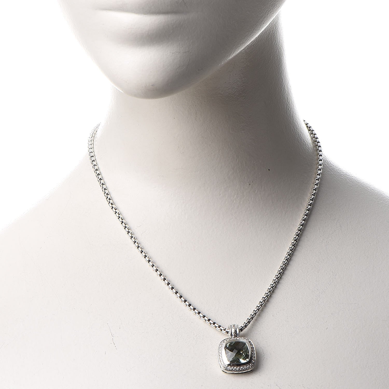 David Yurman Sterling Silver 14K Yellow Gold Diamond Prasiolite 11mm Albion Pendant Necklace 2 of 7