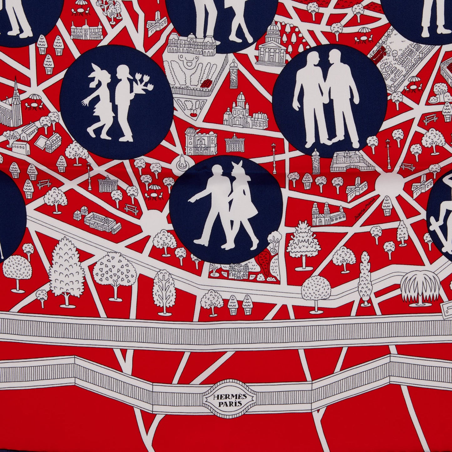 Silk Les Nouveaux Amoureux de Paris Scarf 90 Rouge Vif Marine Blanc