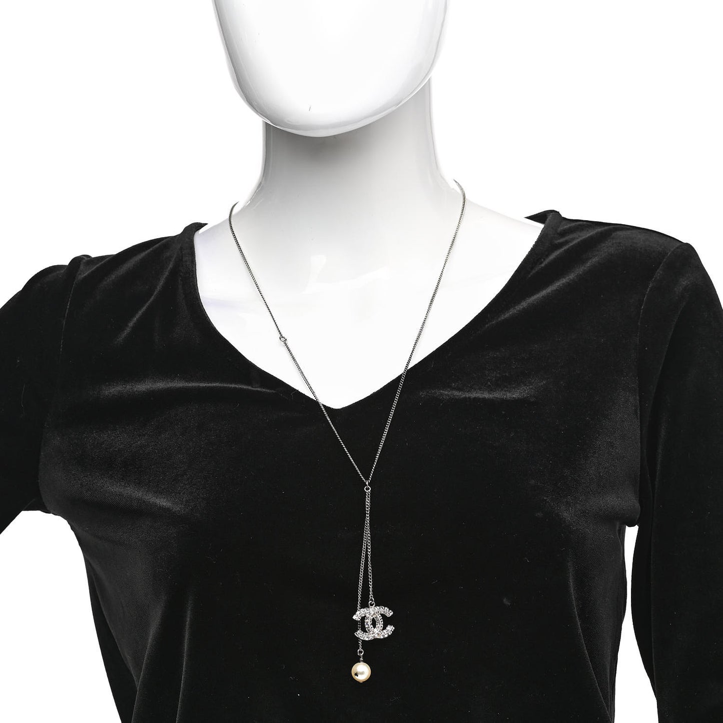 Baguette Crystal Pearl CC Lariat Necklace Silver