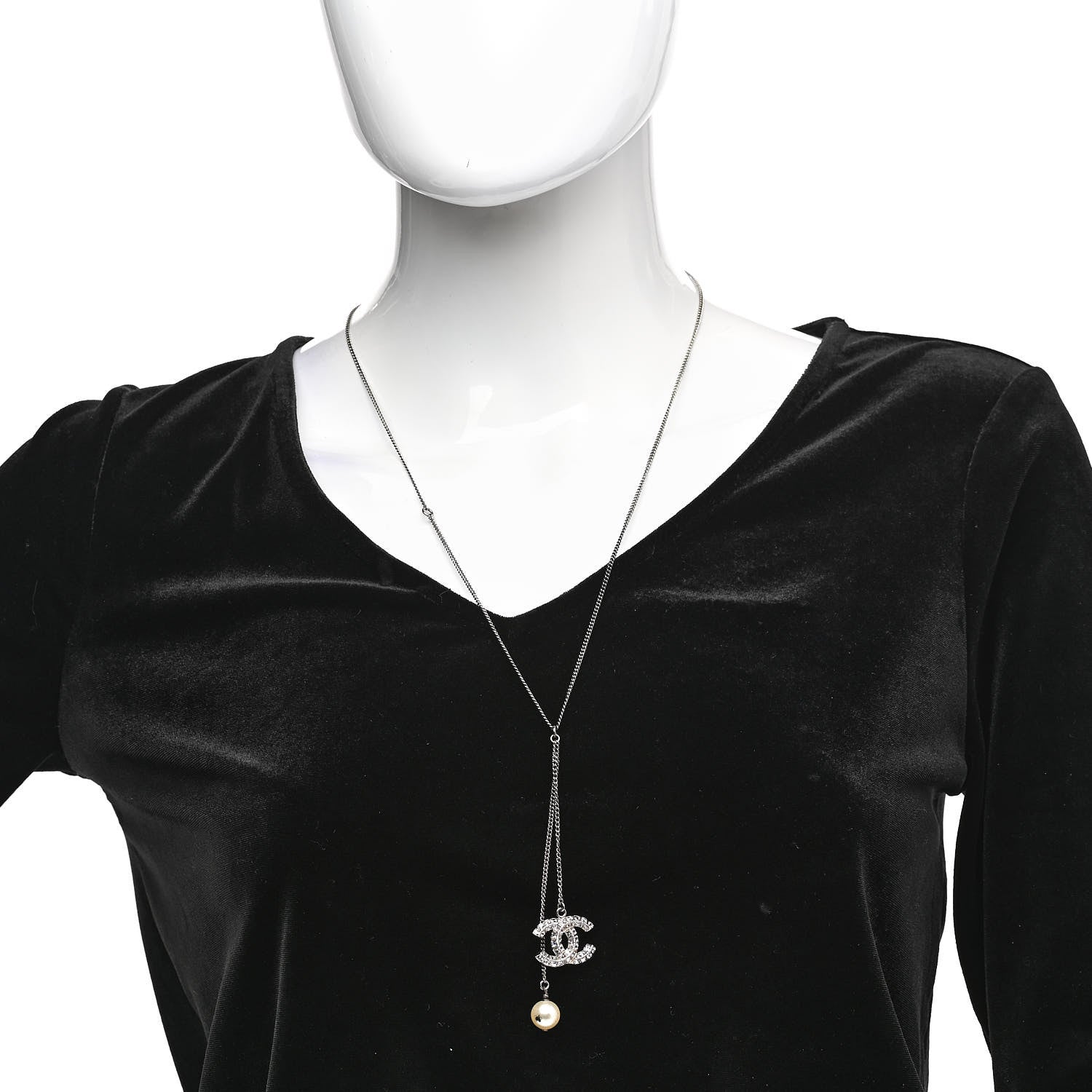 Chanel Baguette Crystal Pearl CC Lariat Necklace Silver 2 of 6