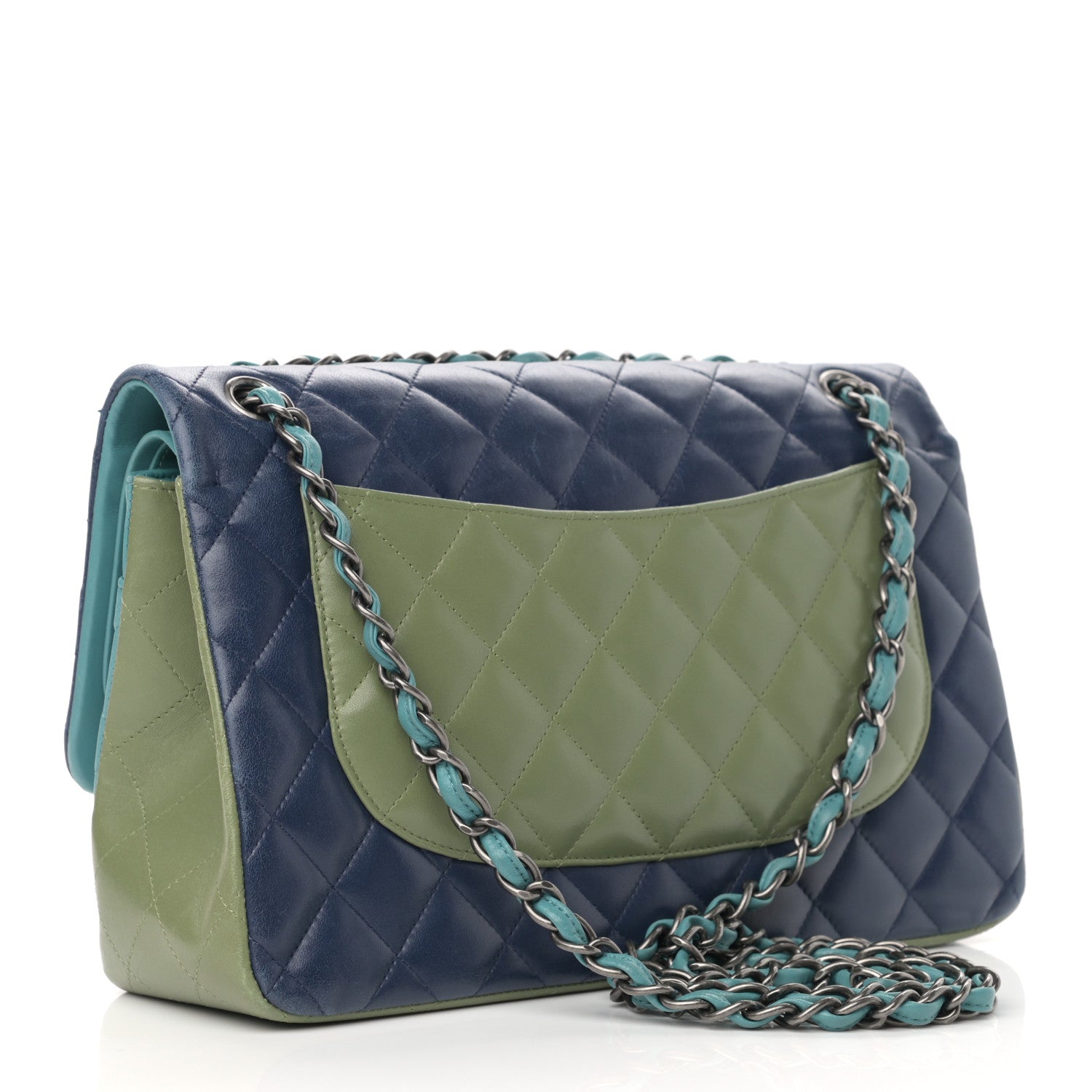 Chanel Lambskin Quilted Tri-Color Jumbo Double Flap Navy Blue Green 5 of 39