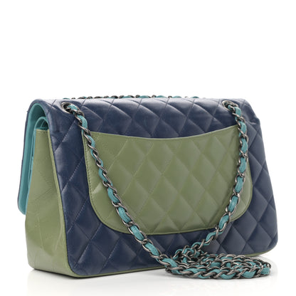 Chanel Lambskin Quilted Tri-Color Jumbo Double Flap Navy Blue Green 5 of 39