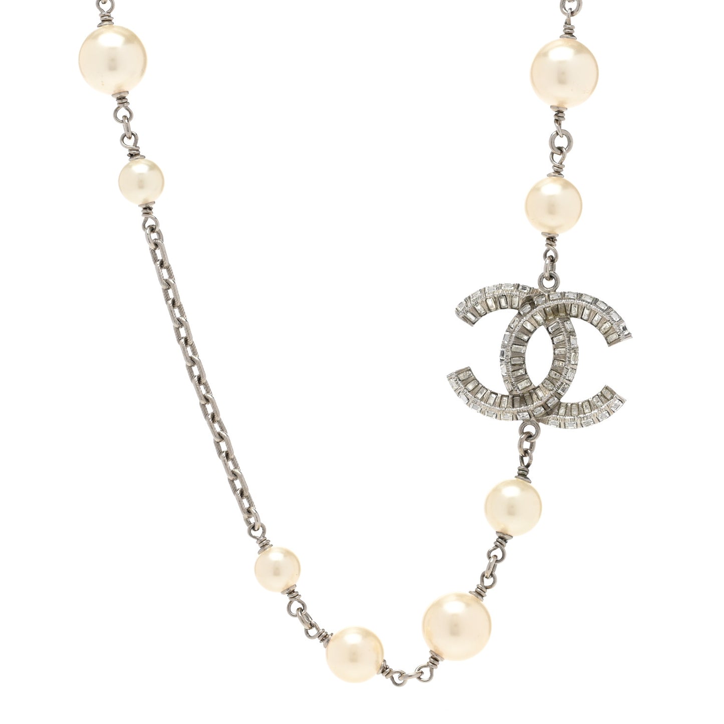 Pearl Crystal Baguette CC Short Necklace Silver