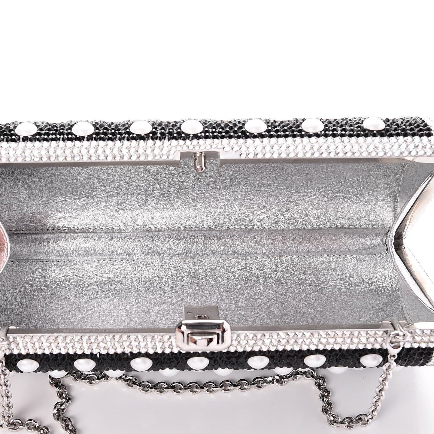 Crystal Pearl Minaudiere Clutch Silver Black
