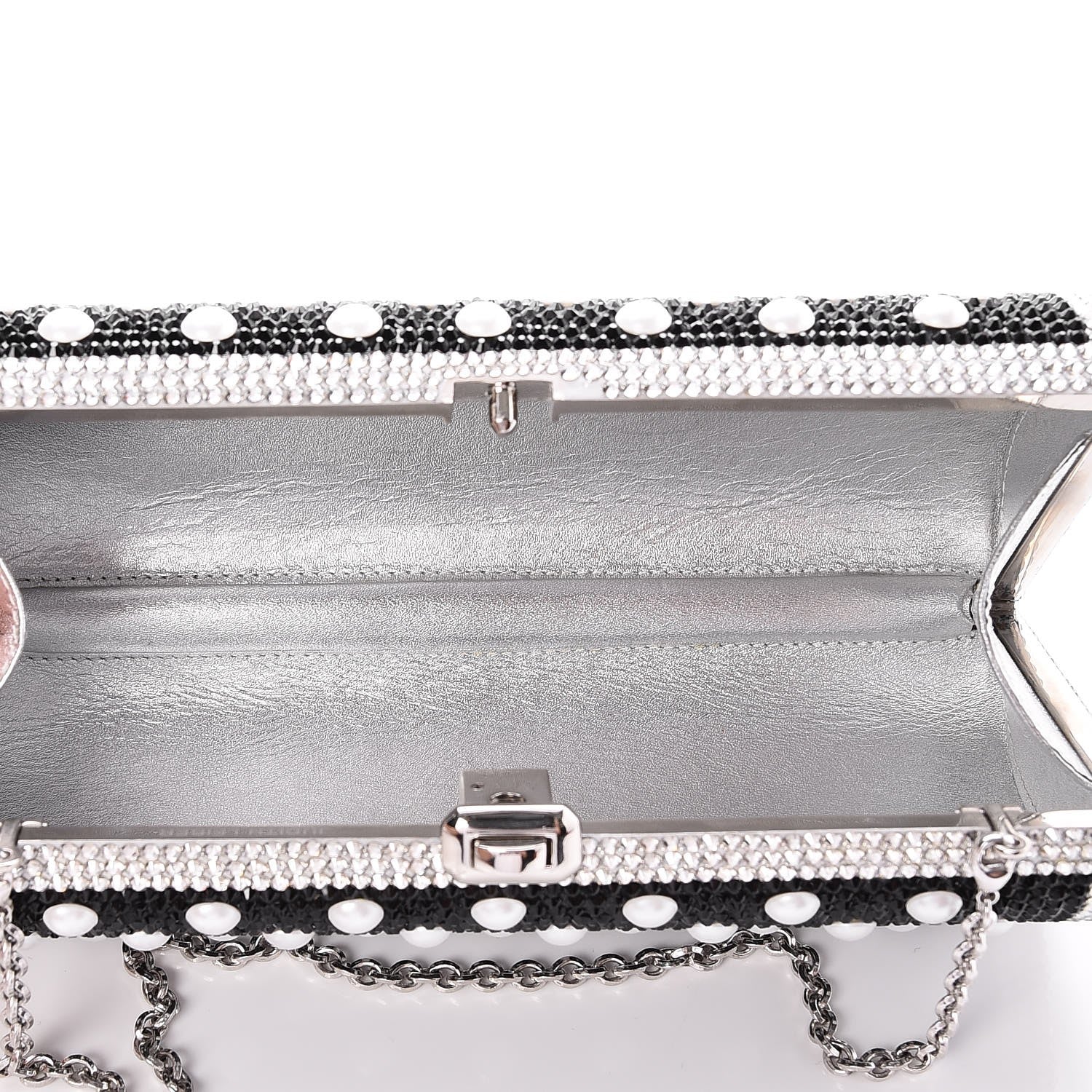 Judith Leiber Crystal Pearl Minaudiere Clutch Silver Black 6 of 7