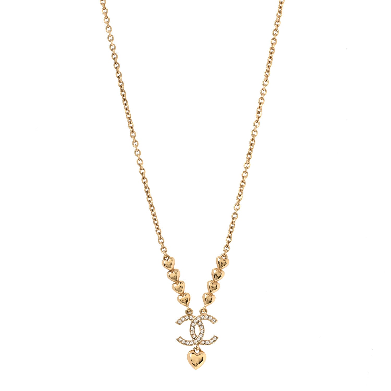 Chanel Crystal CC Heart Link Pendant Necklace Gold 1 of 4